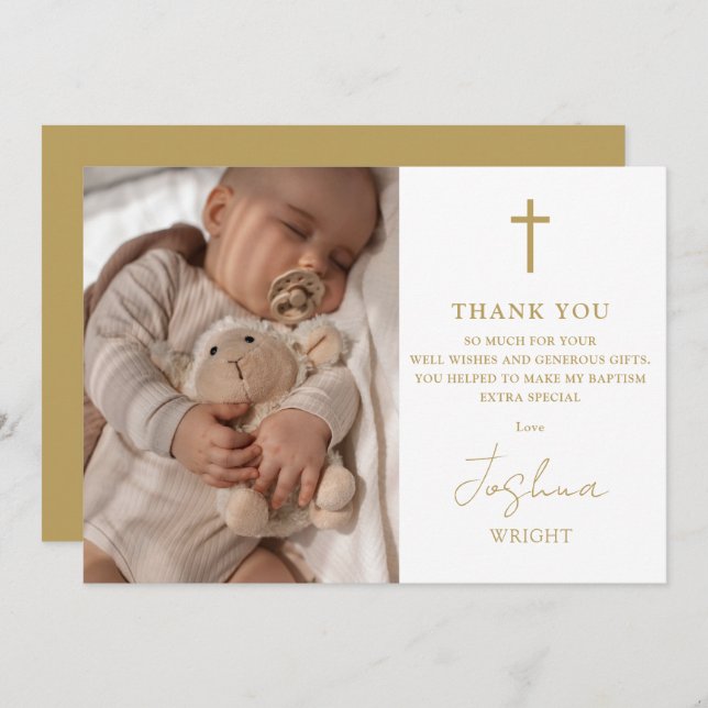 Gold Script Modern Photo Baptism Christening Thank You Card (Front/Back)