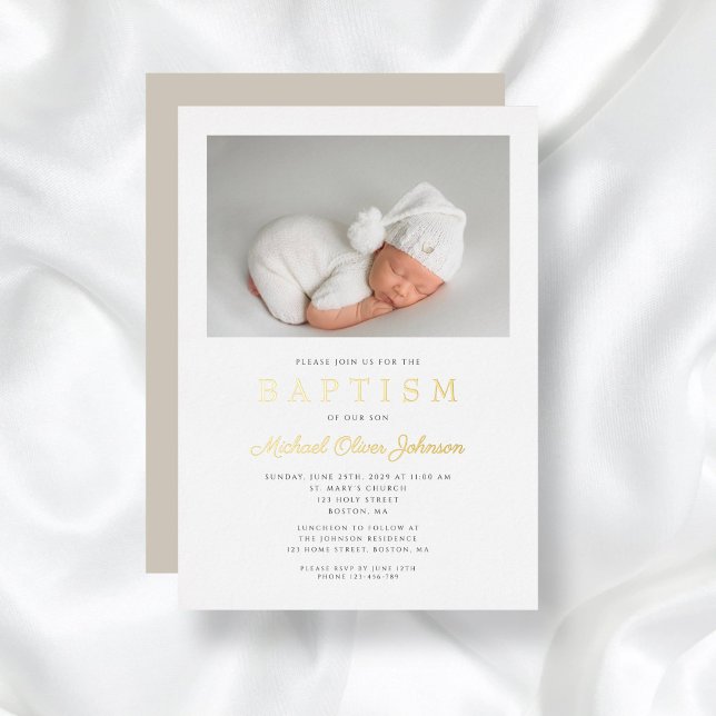 Gold Script Modern Taupe Photo Boy Baptism (Gold Script Modern Taupe Photo Boy Baptism Foil Invitation)