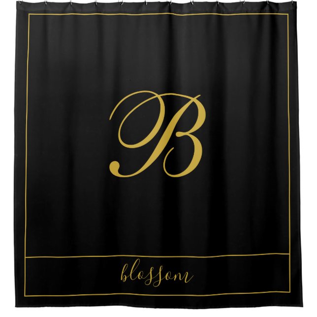  Gold Script Monogram Black Shower Curtain (Front)