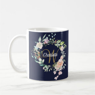 Gold Script Monogram Floral Roses Navy Blue Coffee Mug