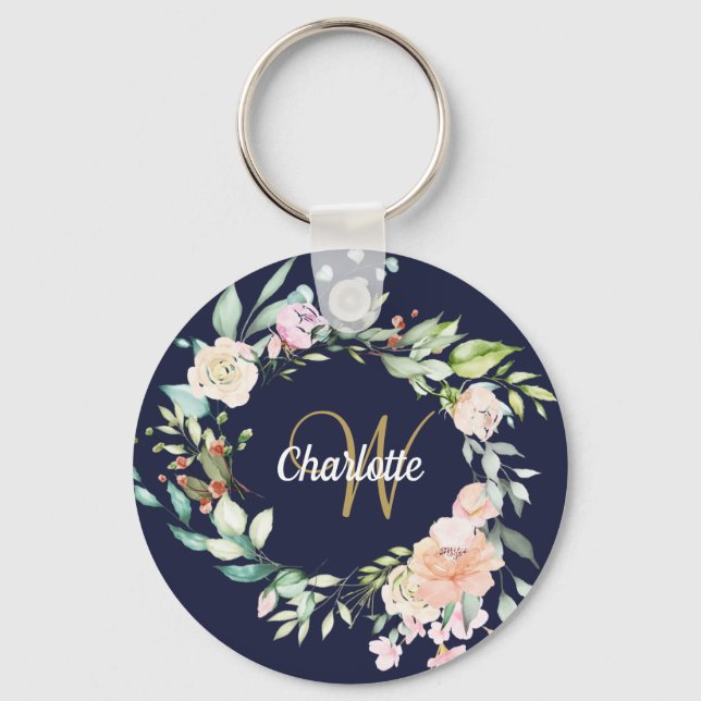Gold Script Monogram Navy Blue Floral Roses Key Ring (Front)