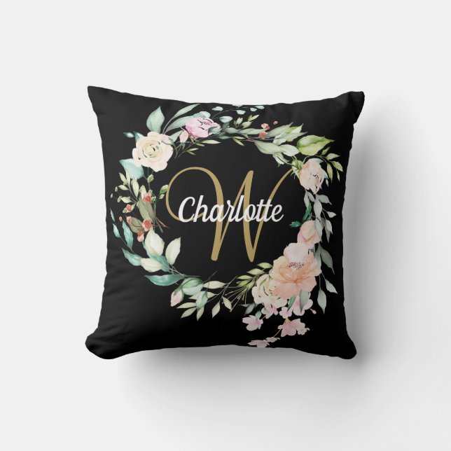 Gold Script Monogram Roses Floral Black Cushion (Front)