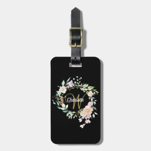 Gold Script Monogram Roses Garland Floral Black Luggage Tag