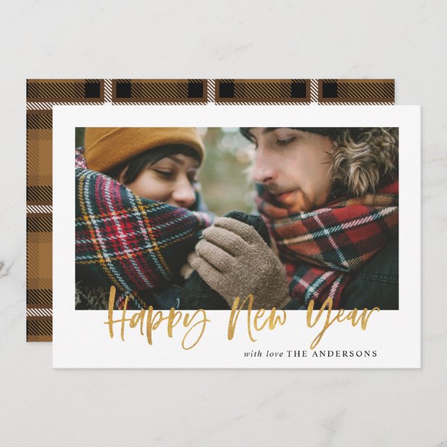 Gold script mustard tartan modern stylish new year holiday card (Front/Back)