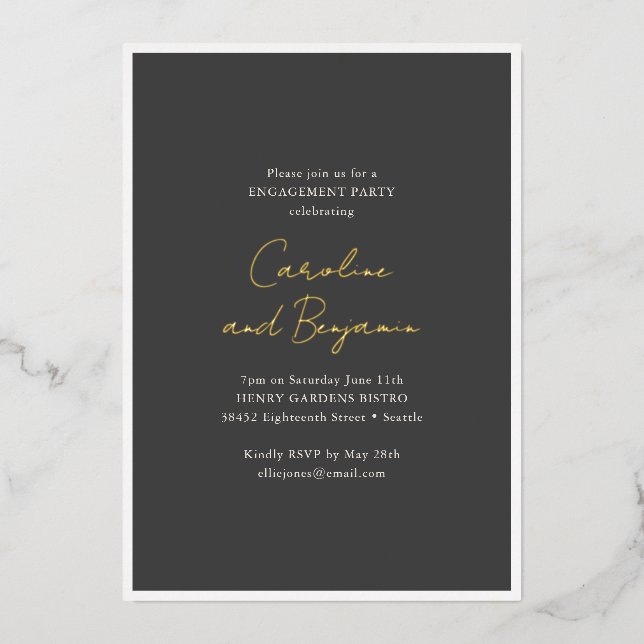 Gold Script Names Soft Black Engagement Party (Front)