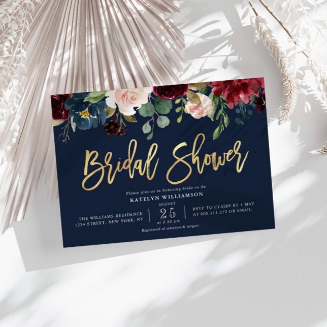 Gold script navy blue floral bridal shower invitation (Creator Uploaded)
