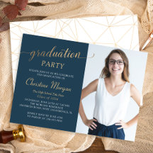 Gold Script Navy Blue Graduation Party Photo