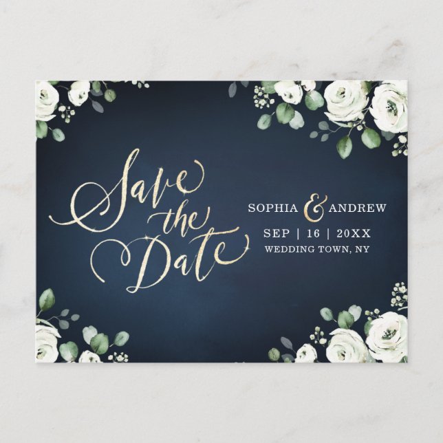 Gold script navy blue white floral save the date announcement postcard (Front)