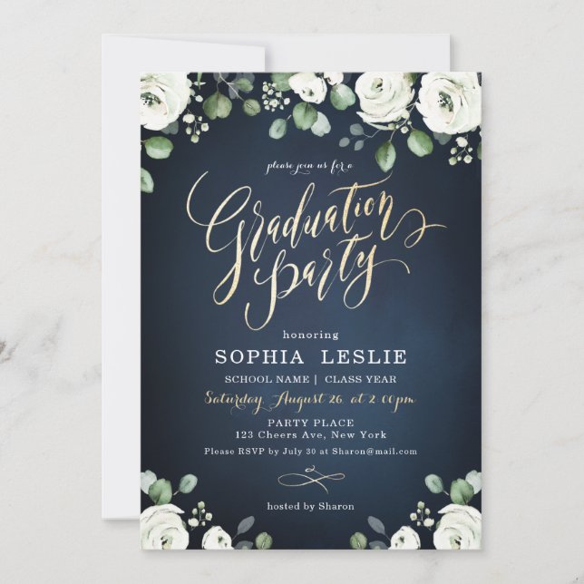 Gold script navy white floral graduation party invitation (Front)