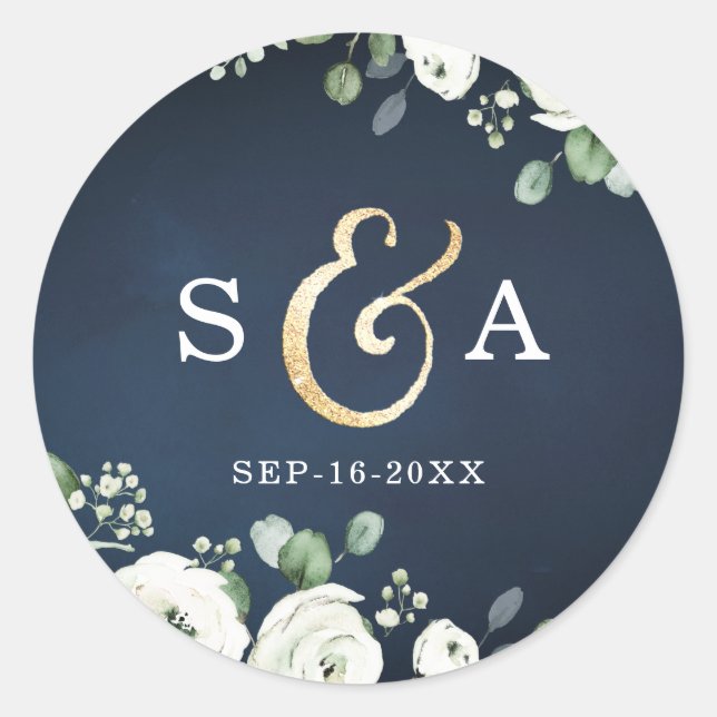 Gold script navy white floral monogram wedding classic round sticker (Front)