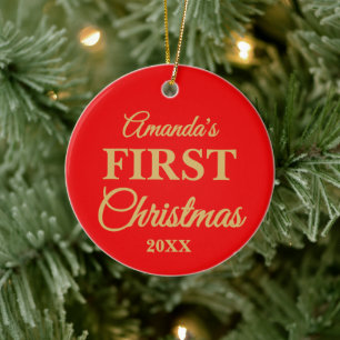 Gold Script Newborn Baby First Christmas Photo Ceramic Tree Decoration