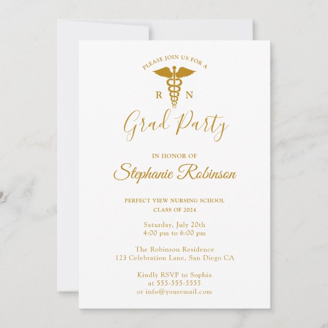 Gold Script Nursing School Graduation Modern Invitation (Front)