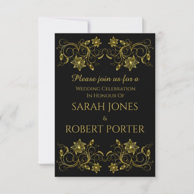 Gold Script on Black with Filigree design Wedding Invitation (Front)