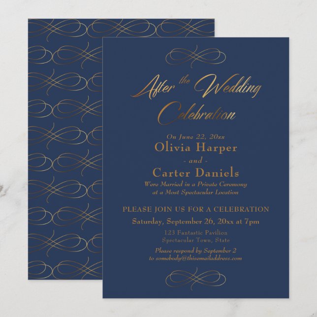 Gold Script on Navy After the Wedding Celebration Invitation (Front/Back)