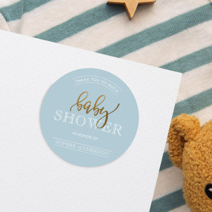Gold Script on Pastel Blue   Baby Shower Thank You Classic Round Sticker