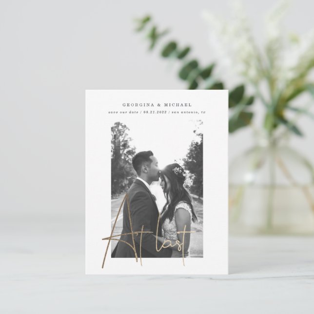 gold script one photo engagement card (Standing Front)