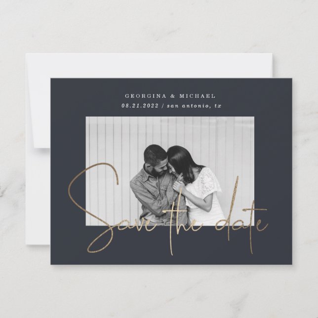 gold script one photo save the date postcard (Front)