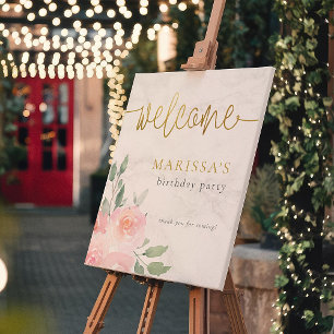 Gold Script Painted Floral Birthday Party Welcome Poster