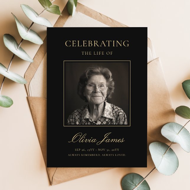 Gold Script Photo Celebration of Life Program Card (Creator Uploaded)