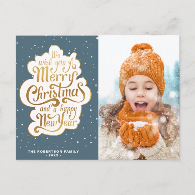 gold script photo christmas holiday postcard (Front)