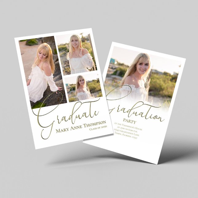Gold Script Photo Collage Graduation Party Invitation (Graduate photo collage template. )
