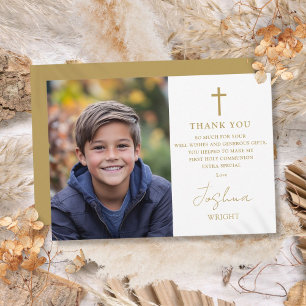Gold Script Photo First Holy Communion Thank You Card