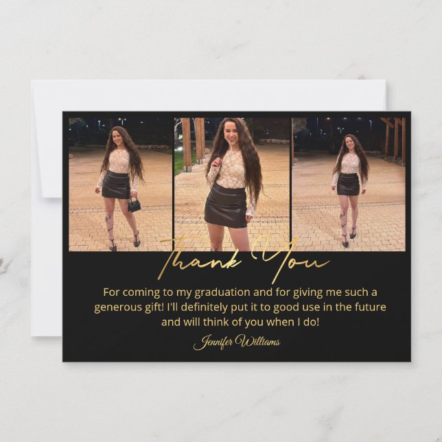 gold script photo graduation black thank you card (Front)