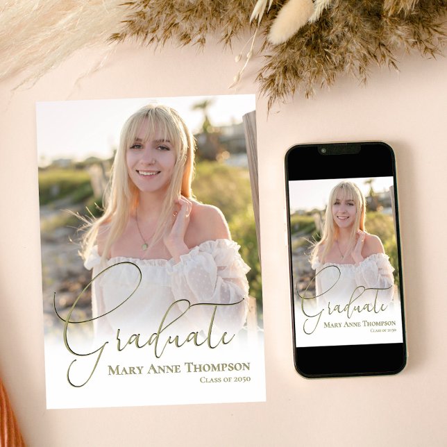 Gold Script Photo Graduation Party Invitation (Graduate gold script photo graduation photo template)