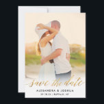 Gold Script Photo Save the Date in Faux Foil<br><div class="desc">This elegant save the date features shimmering script in faux gold foil with a striped backer and lots of room for additional wedding information,  like your wedding website or accommodations details. Upload your own photo and customise the information to include your wedding details.</div>