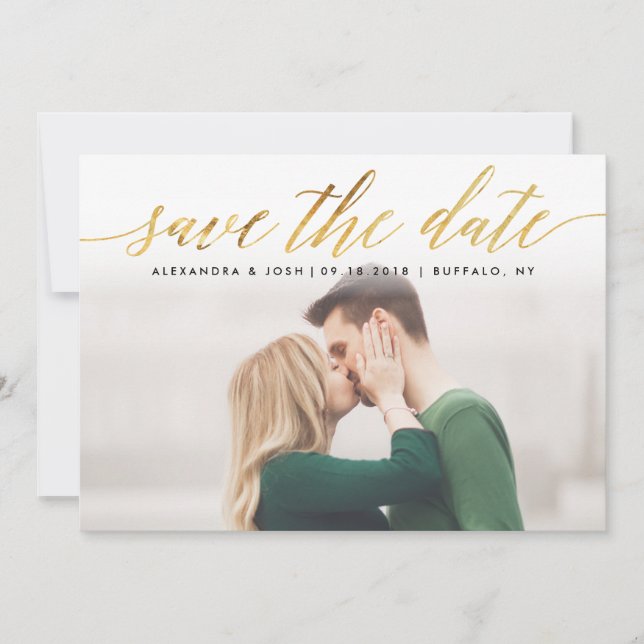 Gold Script Photo Save the Date in Faux Foil (Front)