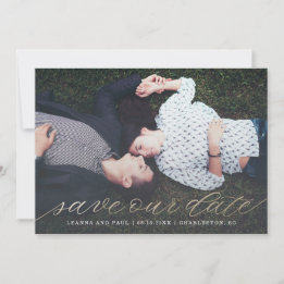 Gold Script Photo Save the Date in Faux Foil