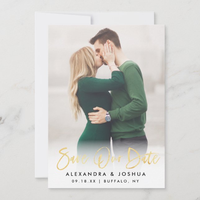Gold Script Photo Save the Date in Faux Foil (Front)