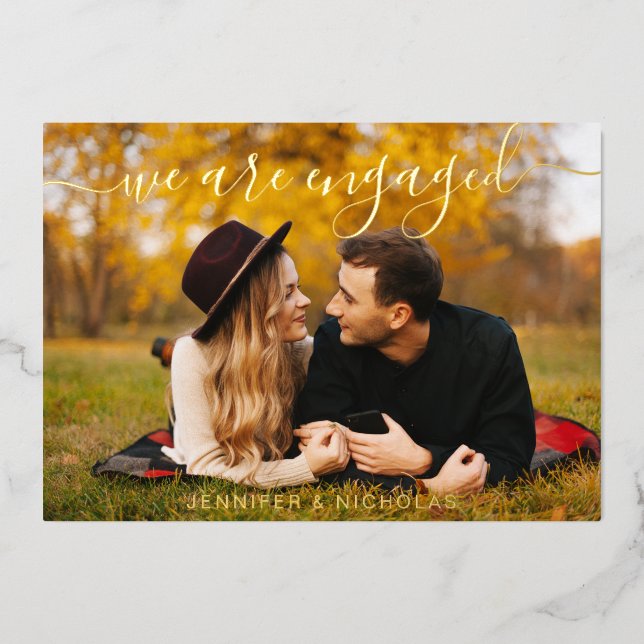 Gold Script Photo Wedding Engagement Save the Date (Front)