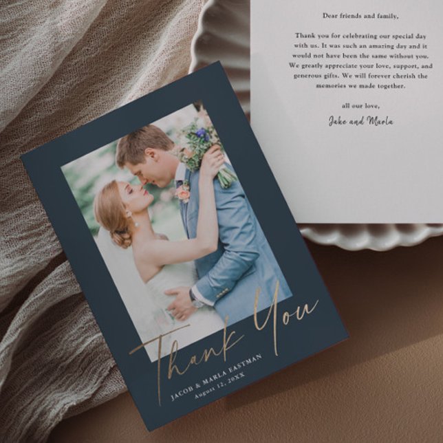 Gold script photo wedding thank you modern minimal card (Elegant gold script wedding photo thank you cards.)