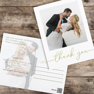 Gold Script Photo Wedding Thank You Postcard