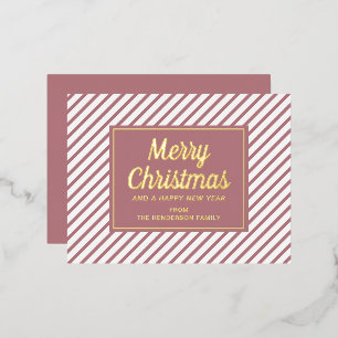 Gold Script Pink Stripes Merry Christmas Foil Holiday Postcard