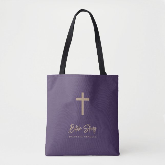 Gold Script Purple Personalized Bible Study Tote Bag (Front)