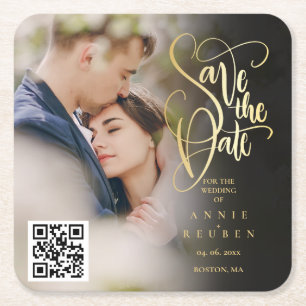 Gold Script QR Code Photo Save the Date  Square Paper Coaster