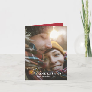 Gold script red plaid backer 1 photo Christmas Holiday Card