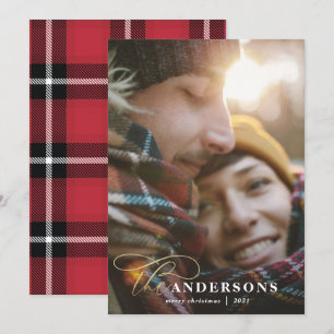 Gold script red plaid backer 1 photo Christmas Holiday Card