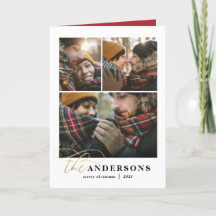 Gold script red plaid backer 1 photo Christmas Holiday Card