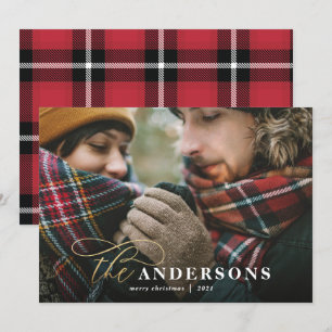 Gold script red plaid backer 1 photo Christmas Holiday Card