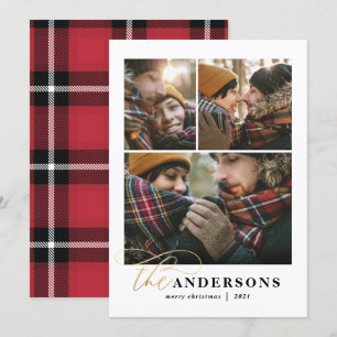 Gold script red plaid backer 3 photo Christmas Holiday Card