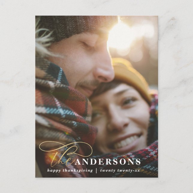 Gold script red plaid thanksgiving 1 photo  holida holiday postcard (Front)