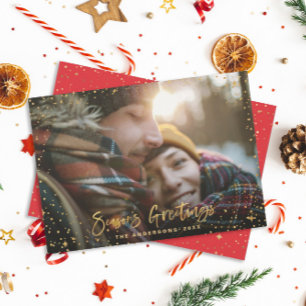 Gold script red season's greetings stars 1 photo holiday card
