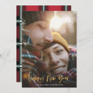 Gold script red tartan photo modern New year Holiday Card