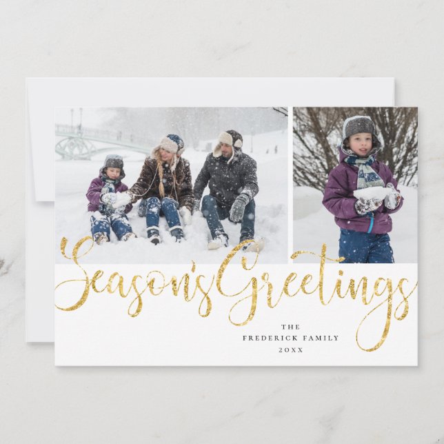 Gold Script Season's Greetings Tartan Photo Card (Front)