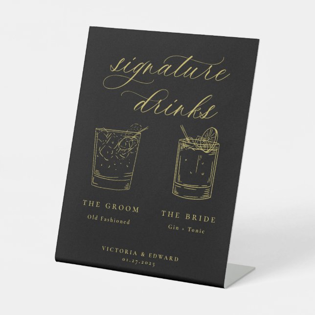 Gold Script Signature Drinks Black Wedding Pedestal Sign (Front)