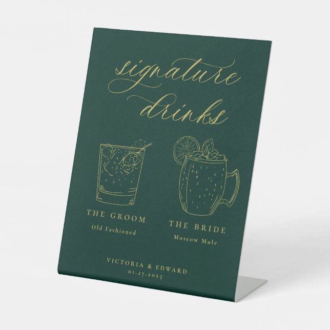 Gold Script Signature Drinks Emerald Wedding Pedestal Sign (Front)