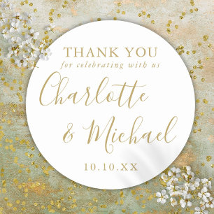 Gold Script Signature Wedding Favour Thank You  Classic Round Sticker